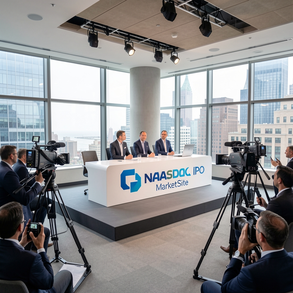 Прес-конференція IPO на NASDAQ MarketSite з трибуною, логотипом компанії та камерами медіа у сучасному конференц-залі в Нью-Йорку