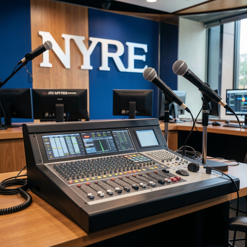 Технічне обладнання трансляції NYSE — мікшерний пульт та мікрофонні стійки у студії біржі з логотипом NYSE на фоні